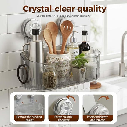 No-Drill Bathroom Suction Storage Box, 2026 New Large Capacity Bathroom Organizer, Powerful Suction Wall Mounted Organizer for Home, Removable Hanging Shower Shelf (Transparent)