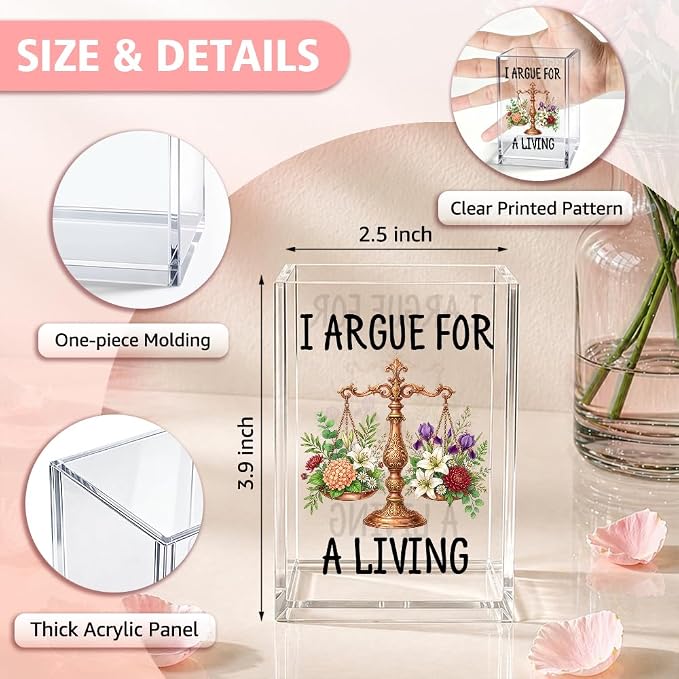 I Argue For A Living Acrylic Pencil Holder Cup, Floral Lawyer Pen Holder, Funny Scales of Justice Desk Accessories for Women Lawyer Attorney Paralegal Judge Law Student, Makeup Brush Organizer