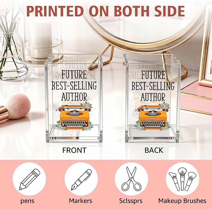 Future Best-Selli Author Acrylic Pencil Holder Cup, Funny Typewriter Pen Holder Desk Organizer, Inspirational Gifts for Writer Author Novelist Book Lover, Home Office Desk Decor Accessories