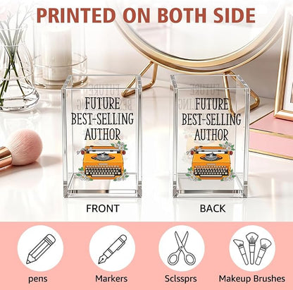 Future Best-Selli Author Acrylic Pencil Holder Cup, Funny Typewriter Pen Holder Desk Organizer, Inspirational Gifts for Writer Author Novelist Book Lover, Home Office Desk Decor Accessories