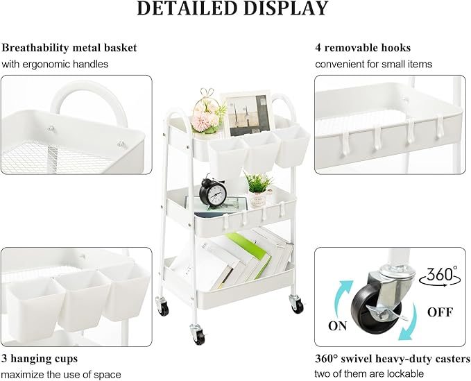 danpinera 3-Tier Rolling Cart, Utility Cart Mobile Metal Rolling Storage Cart with Lockable Wheels & Hanging Cups & Hooks for Kitchen, Bathroom, Office, Workshop, White