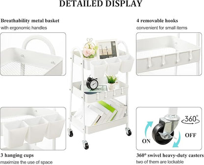 danpinera 3-Tier Rolling Cart, Utility Cart Mobile Metal Rolling Storage Cart with Lockable Wheels & Hanging Cups & Hooks for Kitchen, Bathroom, Office, Workshop, White