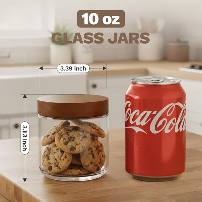 Bumobum 10 oz Glass Mason Jars with Lids, Glass Container with Acacia Wood Airtight Lid, Wide Mouth Canisters for Chia Pudding Loose Tea Coffee Meal Prep Parfait Salad Snacks Yogurt Spice, 2-Pack