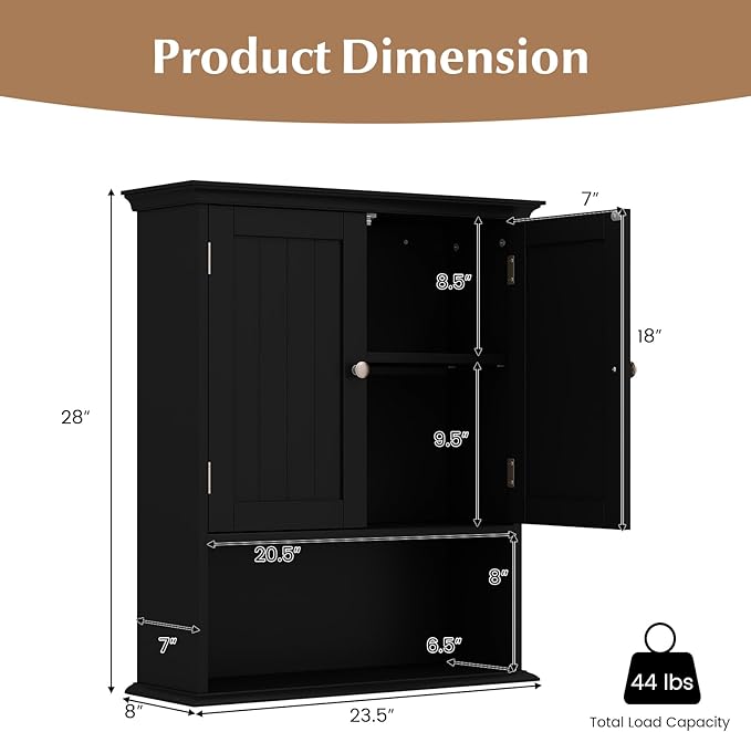 Giantex Bathroom Cabinet Wall Mount, Medicine Cabinet with Adjustable Shelf, Open Shelf, Over The Toilet Space Saver Storage Organizer for Laundry Room, Kitchen, Cupboard (Black)