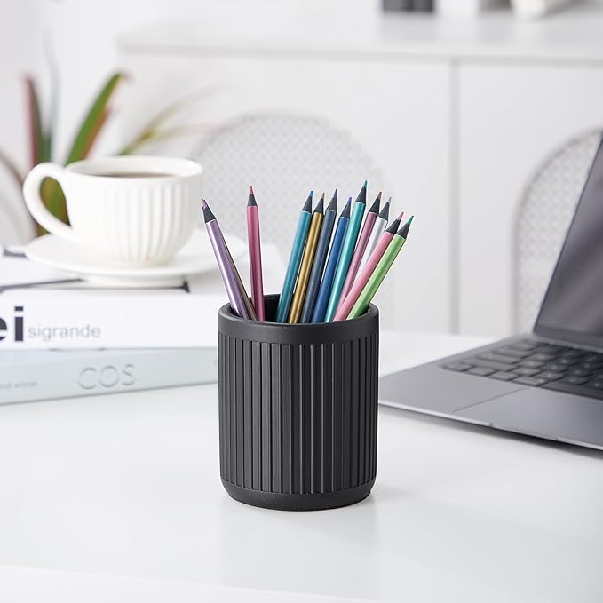 Aotea Crafts - Concrete Modern Industrial Pen Holder for Desk - Aesthetic Minimalist Charcoal Black Pencil Holder for Desk- Handcrafted Cement Fluted Pen Cup Organizer - Sealed & Durable