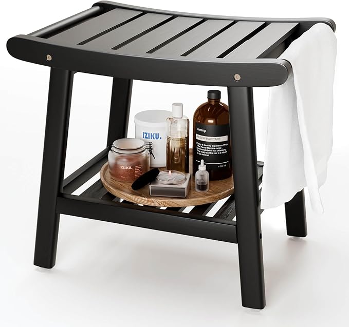 Bamboo Shower Bench Stool, Shower Chair for Inside Shower with 2-Tier Storage Shelf, Waterproof Shower Seat for Shaving Legs, Spa Bathroom Shower Bench-Black