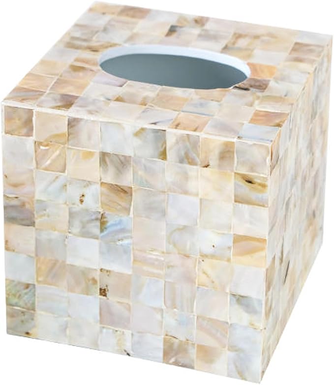 i-lan Mother of Pearl Tissue Holder,Sea Pearl Shell Decorative Square Tissue Cover Box for Bathroom,Mother of Pearl Napkin Box,MOP Tissue Cover Cube Box(champagne gold)