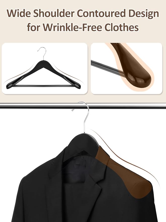 AMKUFO Wide Shoulder Wooden Hangers 8 Pack Coat Hangers with Non Slip Pants Bar, Heavy Duty Suit Hangers Wood Clothes Hangers with Smooth Finish 360° Swivel Hook for Sweater Jackets Shirts Black