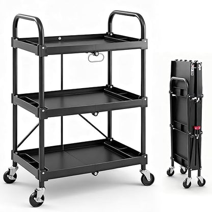 DUMOS 3-Tier Folding Utility Cart, Collapsible Service Cart with 4 Swivel Wheels & Brakes, 120LBS Capacity & Collapsible Storage Rolling Cart for Kitchen, Office, Garden, Garage, Black