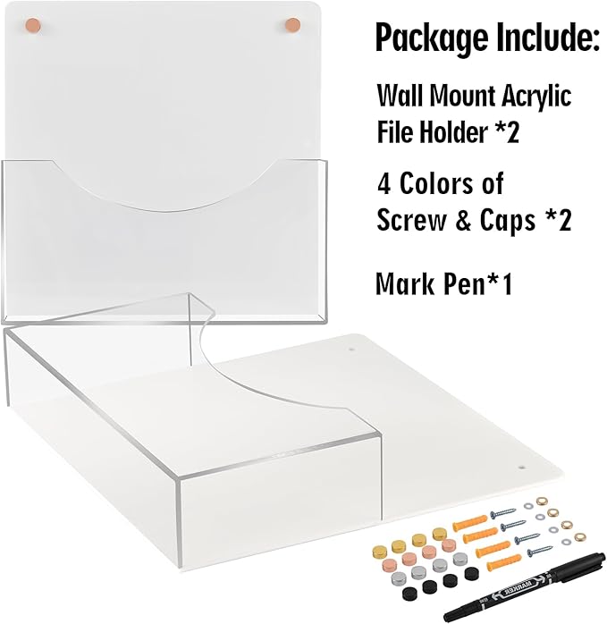 PecMuikee Wall File Organizer, Vertical Acrylic Mail Magazine Holder Wall Mount, 4 Colors of Screw Caps Included Hanging File Organizer for School, Office, Hospital, 2 Pcs