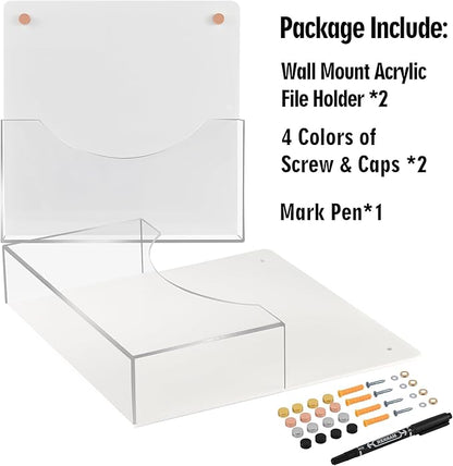 PecMuikee Wall File Organizer, Vertical Acrylic Mail Magazine Holder Wall Mount, 4 Colors of Screw Caps Included Hanging File Organizer for School, Office, Hospital, 2 Pcs