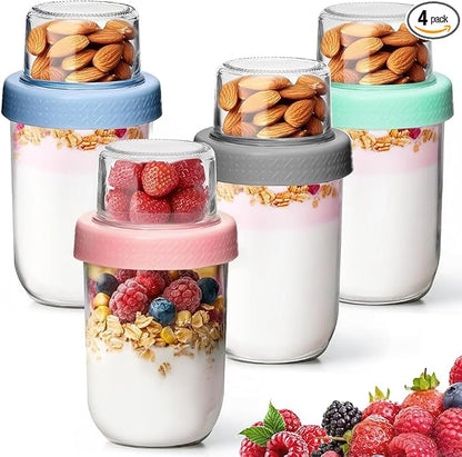 4 Pack Glass Yogurt Parfait Cups with Lids, 16+4oz Reusable Containers with Dry & Wet Separation, Leak-Proof for Overnight Oats, Meal Prep, Portable to Work & School, Easy Clean