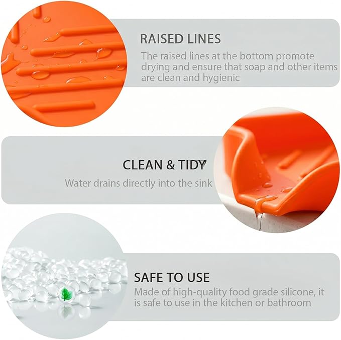 MicoYang Silicone Soap Dish with Drain Spout, Self-Draining Sink Organizer Tray for Bathroom and Kitchen, Sponges, Dispensers and Soap Holder, Non-Slip and Dishwasher Safe, Orange (Compact, 4.9"×3.2")