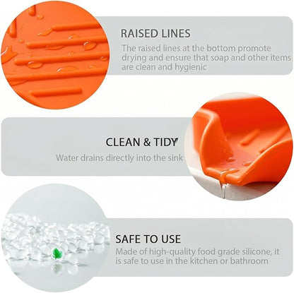 MicoYang Silicone Soap Dish with Drain Spout, Self-Draining Sink Organizer Tray for Bathroom and Kitchen, Sponges, Dispensers and Soap Holder, Non-Slip and Dishwasher Safe, Orange (Compact, 4.9"×3.2")