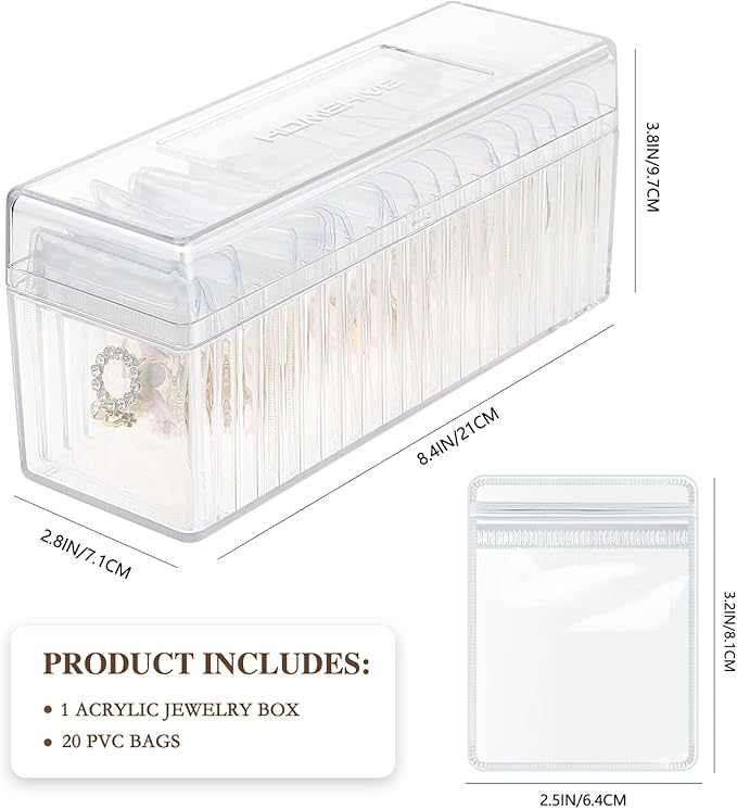 HOMEHIVE Acrylic Jewelry Box Organizer, Clear Jewelry Organizer and Storage with 20 Portable Anti Tarnish Jewelry bags, Travel Jewelry Case for Earrings/Rings/Necklaces Gifts for Women Girls, Clear