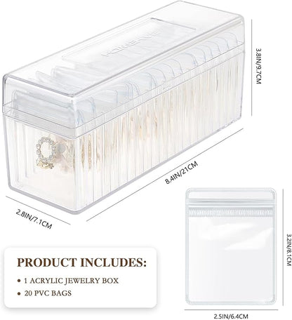 HOMEHIVE Acrylic Jewelry Box Organizer, Clear Jewelry Organizer and Storage with 20 Portable Anti Tarnish Jewelry bags, Travel Jewelry Case for Earrings/Rings/Necklaces Gifts for Women Girls, Clear