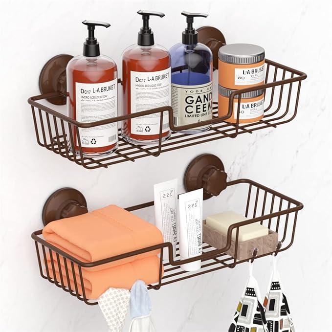 SANNO Suction Cup Shower Caddy Bathroom Caddies Storage Combo Organizer, No Damage Suction Cup,Rustproof Wire Basket for Kitchen & Bathroom, Bronze,pack of 2