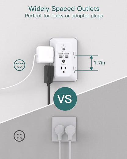 Surge Protector, Outlet Extender with Night Light, Addtam 5-Outlet Splitter and 4 USB Ports(PD 20W), Multi Plug Wall Outlet Power Strip for Home Office Dorm Room Essentials
