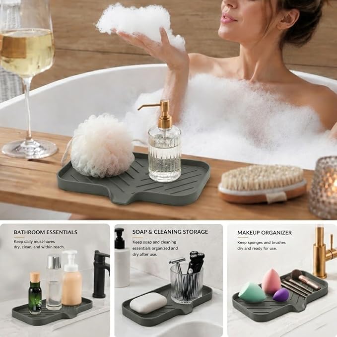 MicoYang Silicone Soap Dish with Drain Spout — Self-Draining Sink Organizer Tray for Bathroom & Kitchen, Sponges, Dispensers & Soap Holder, Non-Slip & Dishwasher Safe, Grey (Medium, 9.6"×5.3")