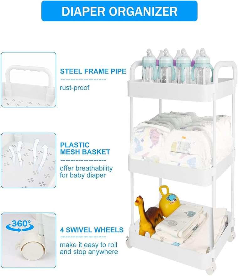 Volnamal Diaper Caddy Organizer, 3-Tier Movable Diaper Cart with Wheels, Newborn Essentials Must Haves, Diaper Caddy for Wipes & Diapers, Baby Registry Search - Plastic White