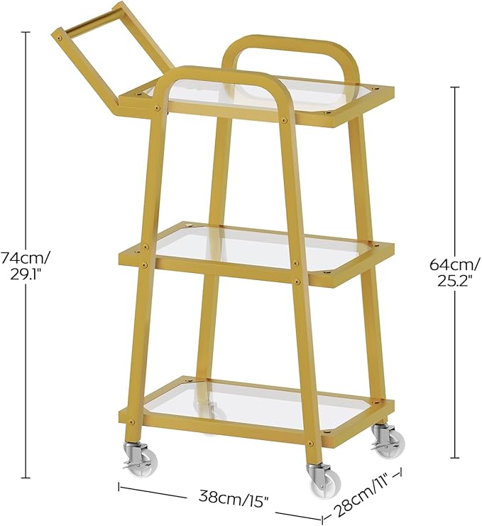 3 Tier Bar Cart, Home Bar Serving Cart, Rolling Bar Cart with Wheels, Mobile Drink Cart, for Kitchen, Garden, Party, Gold BC07GD
