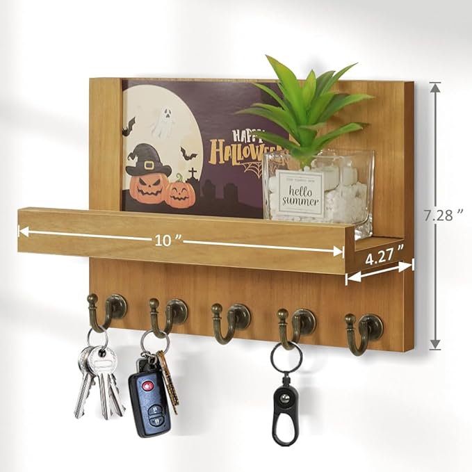 Farmhouse Wall Key Holder for Wall : Holiday Card Slot Design Wooden Mail Organizer Wall Mount Dog Leashes Holder Hanger (Light Brown)