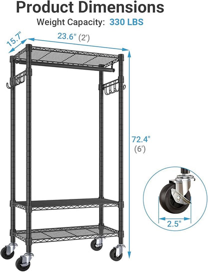 VIPEK R3 Medium Rolling Clothes Racks with Lockable Wheels, Heavy Duty Garment Rack with Adjustable Shelves & Hanging Rod & Side Hooks, Compact Space-Saving Storage for Small Apartments/Dorms (Black)