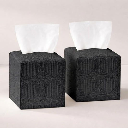 Tissue Box Cover 2-Pack, Square Tissue Holder with Bottom Belt, Modern Tissue Case Facial Paper Organizer Dispenser for Bathroom, Office, Home, Table, Car, Black, Linen Pattern