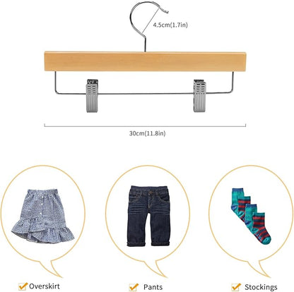 Nature Smile 11.8'' Kids Baby Toddler Children Solid Wooden Pants Hangers, Trousers Bottom Hangers with 2-Adjustable Clips Anti-Rust Hook Pack of 10 (Natural)