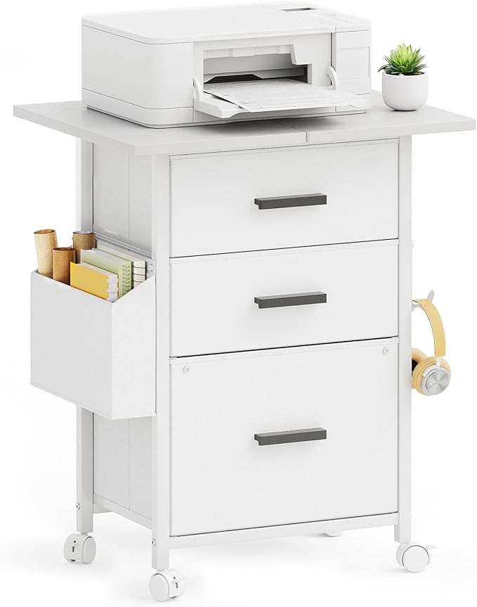 Mexin 3 Drawer File Cabinet with 22'' Extended Desktop, Mobile Filing Cabinet, Printer Stand, Rolling Printer Stand with Side Bag, Fabric Drawer, Fits A4 Size, Home Office, White