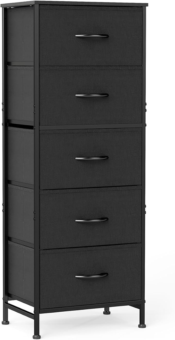 Sweetcrispy 5 Drawer Dresser with Fabric Bins Steel Frame Wood top Storage Chest for Bedroom Closet Hallway Black Compact Organizer Durable Home Storage Solution