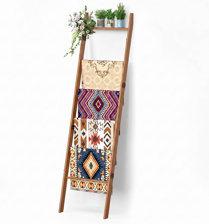 BAMBANG 6-Tier Blanket Ladder for Living Room, Blanket Quilt Ladder Rack Rustic Decorative Towel Holder, Wall Leaning Blanket Ladder Shelf Storage Farmhouse Decor for Bedroom Bathroom, Tea Brown
