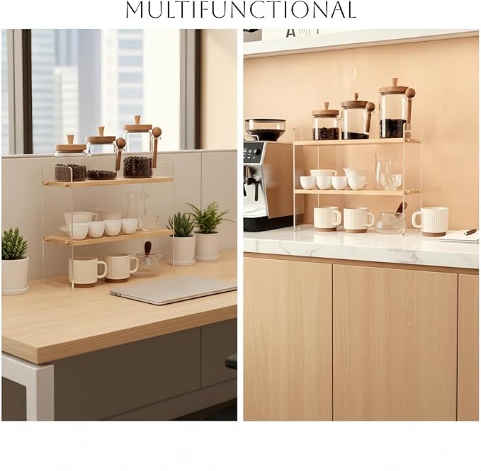Coffee Station Organizer 2 Tier, Solid Wood Mug Shelf for Coffee Bar,Matcha Station,Tea Storage - Holds Mugs,Beans,Syrup,Cups,Tirrers (Transparent Acrylic, 15.4" L x 5.7" W x 13.4" H)