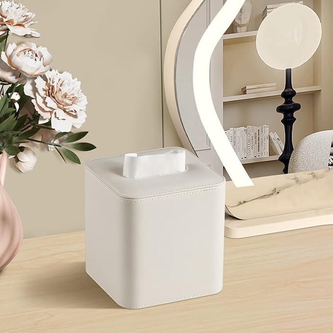 MEIBOOCH PU Leather Tissue Box Cover with Magnetic Closure, Square Tissue Box Holder with Rounded Edges Design (Beige, Square)