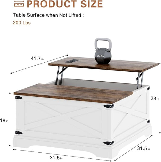 BROTTAR Lift Top Coffee Table with Storage, Square Coffee Table for Living Room with Charging Ports, Farmhouse Dining Table with Large Hidden Storage, White, 31.5"