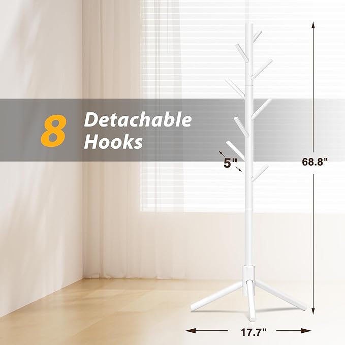 Coat Rack, Coat Racks Freestanding with 8 Hooks 3 Adjustable Heights for Clothes, Hats, Handbags, Coat Tree Easy Assembly for Entryway, Bedroom, Hallway, Office(White 2PCS)