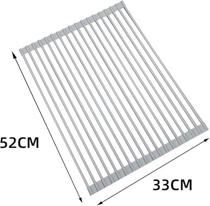 Roll Up Dish Drying Rack Over The Sink.Foldable Kitchen Drainer,Fully Silicone Cover Stainless Steel Bar,Heat-Resistant, Anti-Slip Sink Rack for Kitchen Counter Multipurpose.