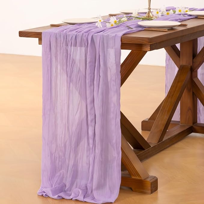 Socomi 3pcs Lilac Purple Lavender Cheesecloth Table Runner Valentine's Day Boho Rustic Gauze 120 inch 10FT Cheese Cloth Runner for Wedding Party Baby Shower Birthday Home Decor Holiday Decorations