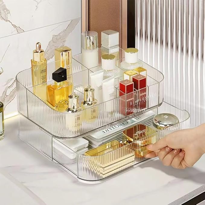 Makeup Organizer with Stackable Drawers, Bathroom Vanity Organizers and Storage, Ideal for Desk and Dresser Countertops, Great for Cosmetics, skincare, Lipsticks, Nail Care -Clear