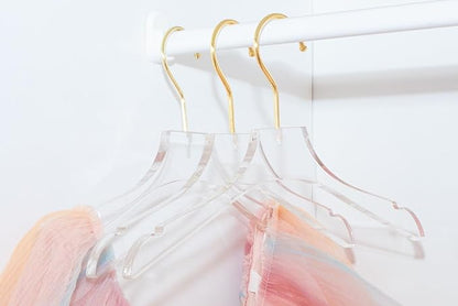 HomeCube USA Clear Acrylic Clothes Hanger with Gold Hooks – Heavy Duty Lucite Closet Organizer, Elegant & Sturdy for Shirts, Dresses, Coats, Suits & Boutique Use (20, Small 13")