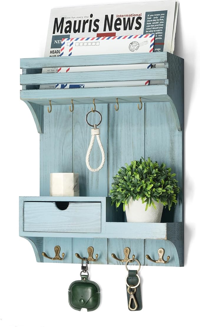 Rebee Vision Decorative Key Holder Wall Mount with Mini Drawer Organizer - Stylish Key Holder for Wall with Mail Organizer & 9 Key Hooks - Apartment Essentials for Home Decor (Blue)