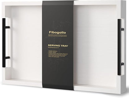 Fibogollo Bamboo Serving Tray with Metal Handles,15x10in Ottoman Decorative Trays Platter for Coffee Table,Living Room,Bar,Party,Mediuml(White)