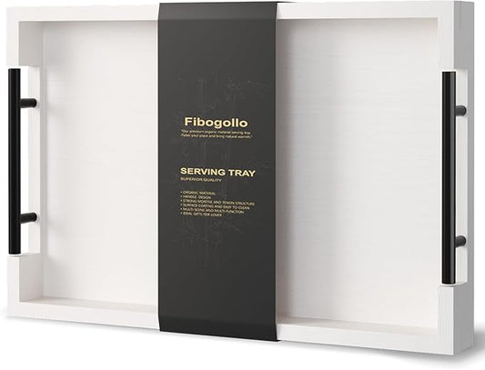 Fibogollo Bamboo Serving Tray with Metal Handles,15x10in Ottoman Decorative Trays Platter for Coffee Table,Living Room,Bar,Party,Mediuml(White)