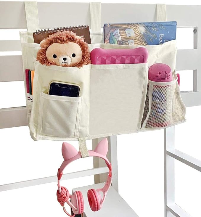 Sugaroom Bedside Storage Caddy, Bunk Bed Organizer Bed Storage Pocket Bedside Organizer Hanging Bed Storage Caddy for College Dorm Room, Hospital Bed Rails, Baby Bed, Camp (White)