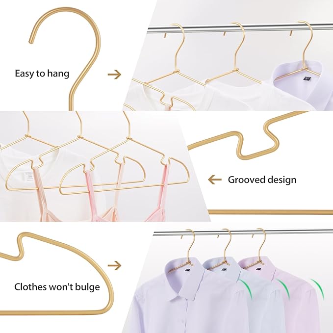 Gold Aluminum Clothes Hangers, 30 Pack 16.5 Inch Metal Shirt Hangers, Lightweight and Sturdy Heavy Duty Hangers for Suit Jackets and Dress Wedding Dresses Etc