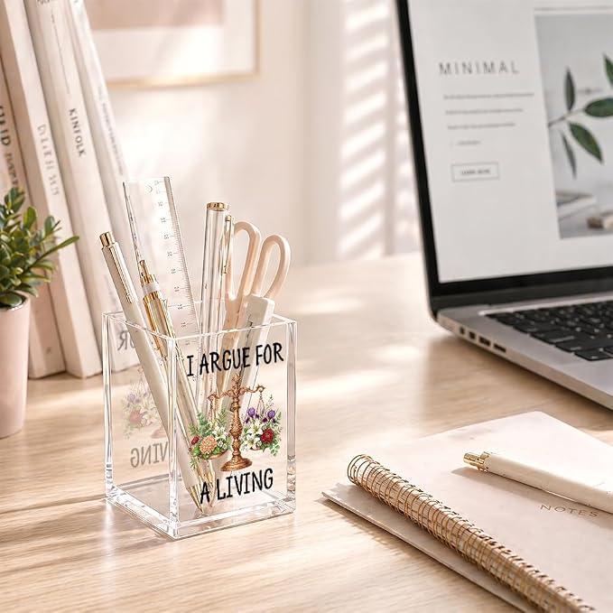 I Argue For A Living Acrylic Pencil Holder Cup, Floral Lawyer Pen Holder, Funny Scales of Justice Desk Accessories for Women Lawyer Attorney Paralegal Judge Law Student, Makeup Brush Organizer