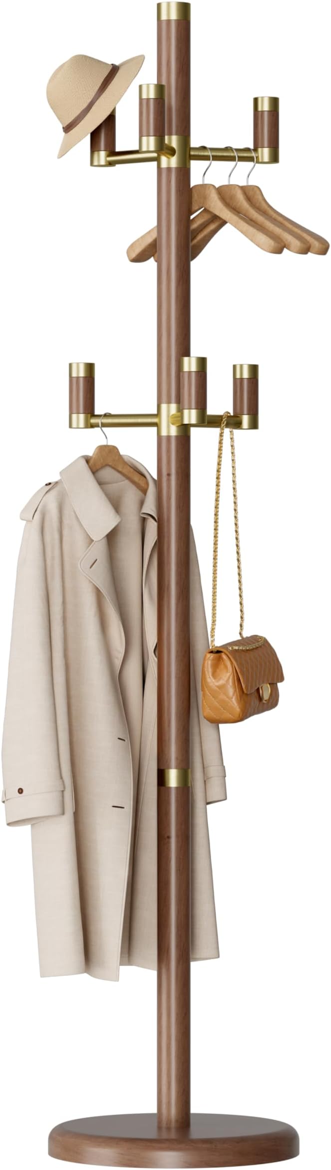 Solid Wood Freestanding Coat Rack with 6 Gold Metal Hooks, Heavy-Duty Freestanding Coat Stand for Coats, Hats, and Bags, Coat Racks for Bedroom, Entryway, and Living Room (Walnut)