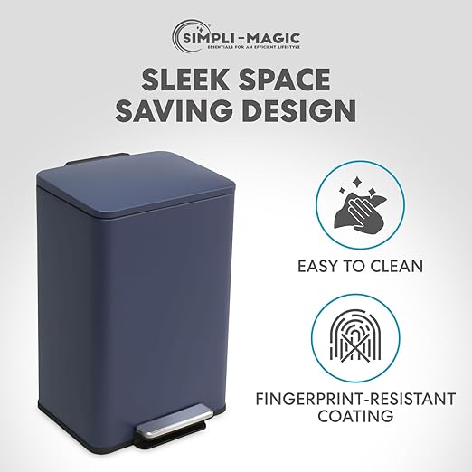Simpli-Magic 50 Liter / 13.2 Gallon Soft-Close, Smudge Resistant Trash Can with Foot Pedal and Built in Filter- Blue