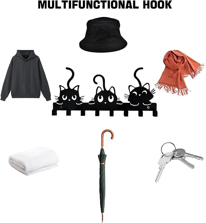 Key Holder Wall Mounted with Screws and Anchors, Black Multifunctional Key Hanger with 8 Hooks, Entryway Front Door Kitchen Hallway Garage Office