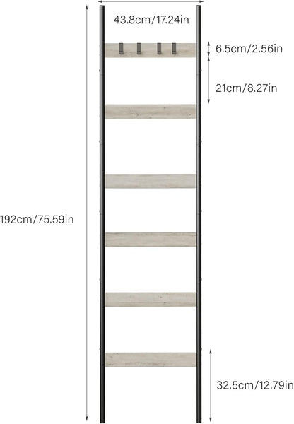 Blanket Ladder, 6-Tier Towel Holder with 4 Removable Hooks, Farmhouse Wall Leaning Decorative Rack Shelf, Wooden Towel Display Rack, Quilt Ladder for Living Room, Bedroom, Greige